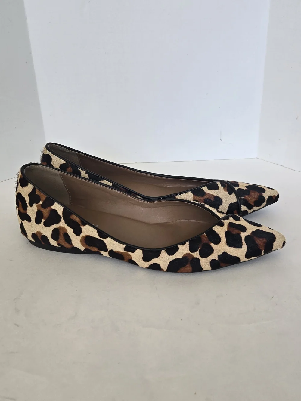 French Sole Leopard-Print Calf Hair Pointed Flats in Tan and Brown